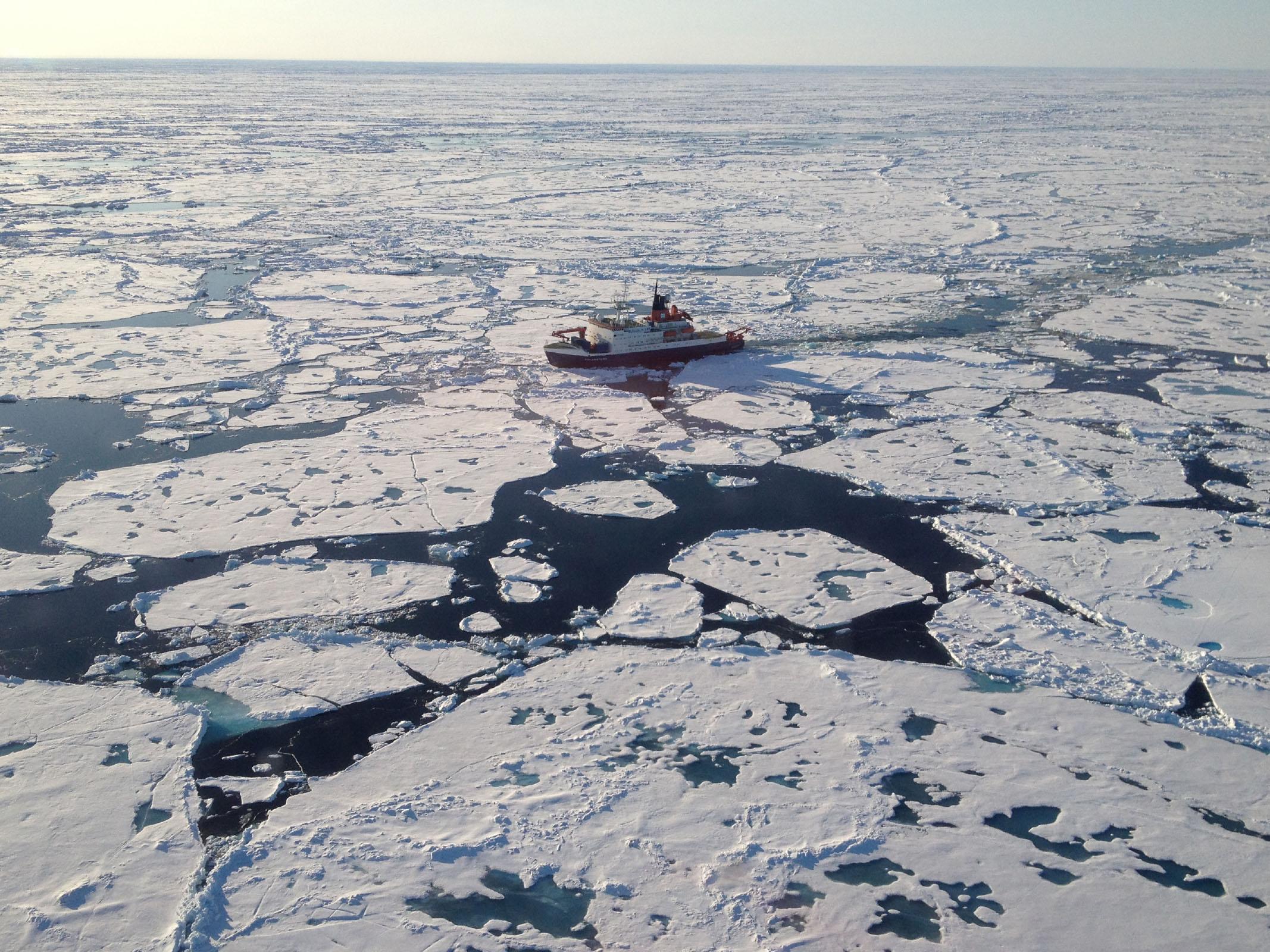 Scientists collected Arctic ice samples while on board the German research icebreaker Polarstern, seen here above the Lomonosov Ridge in the central Arctic Ocean