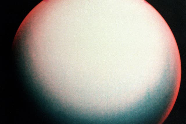 A false colour view of Uranus made from images taken by Voyager II in 1986 from a distance of 4.17 million kilometers