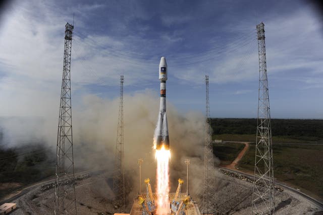 In this handout image supplied by the European Space Agency (ESA), the Soyuz rocket lifts off for the third time from Europe's Spaceport in French Guiana on its mission to place the second pair of Galileo In-Orbit Validation satellites into orbit, on October 12, 2012