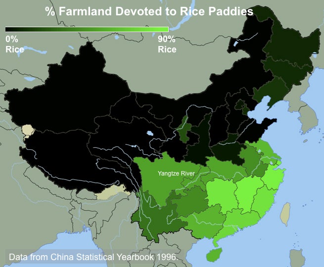 The percentage of cultivated land devoted to rice paddies in provinces across China. Southern China has traditionally farmed rice, while northern China has farmed wheat and other dryland crops like millet