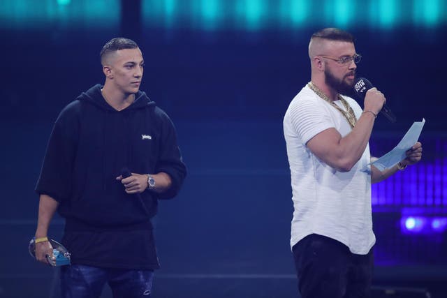‘Hip-Hop/Urban – National’ award winners Farid Bang and Kollegah on stage during the Echo Award show at Messe Berlin on 12 April