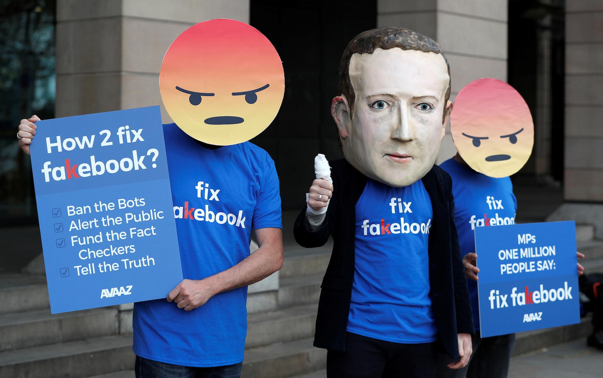 Protesters from the pressure group Avaaz demonstrate against Facebook outside Portcullis House in Westminster, London, Britain, April 26, 2018