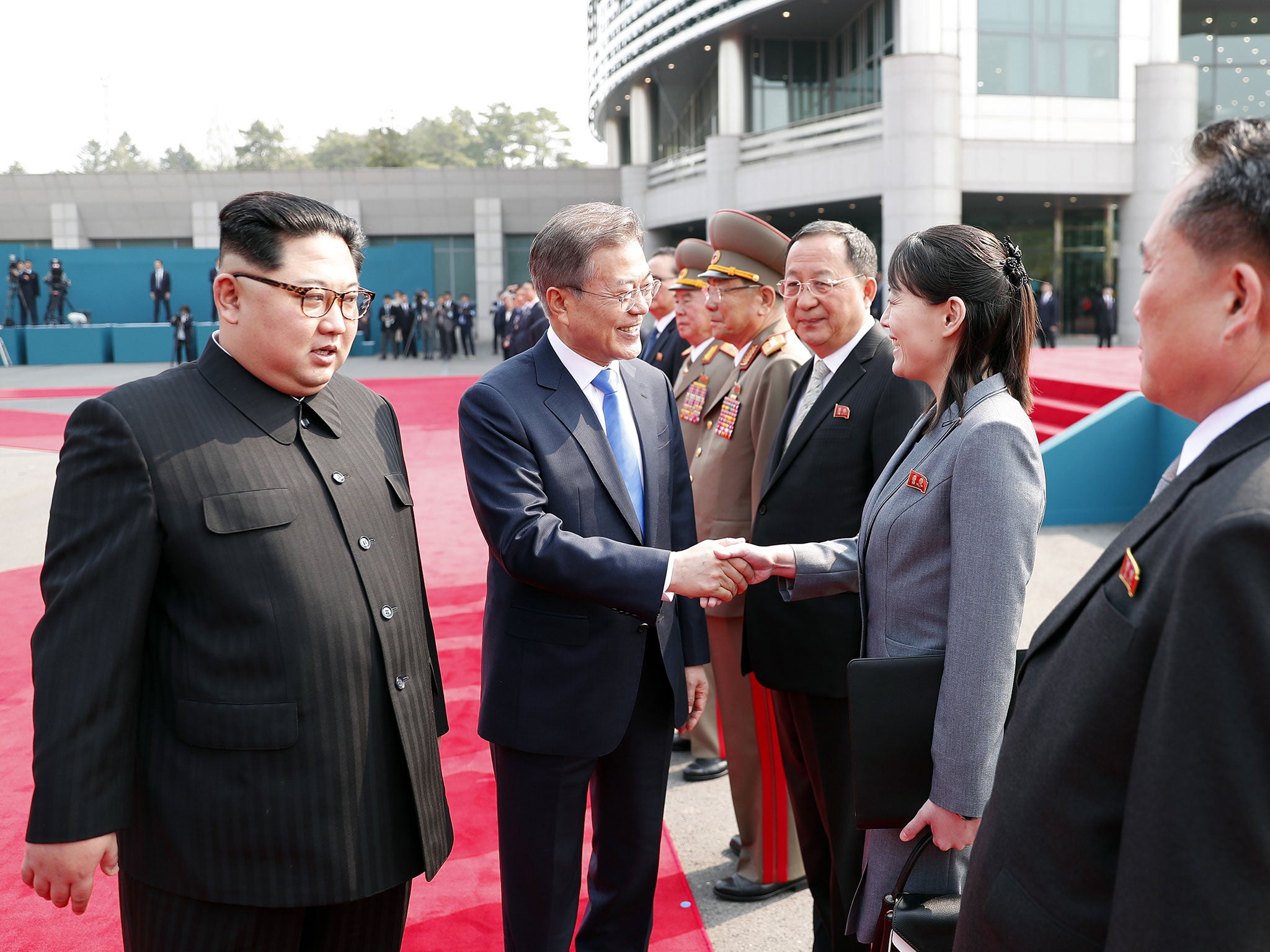 South Korea's president, Moon Jae-in, greets Kim Yo-Jong, the sister of North Korea's leader, Kim Jong-il ahead of the inter-Korean summit