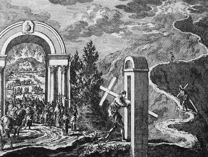 The strait (narrow) versus wide gate: etching by Jan Luyken (1649-1712) illustrating Matthew 7:13-14 in the Bowyer Bible
