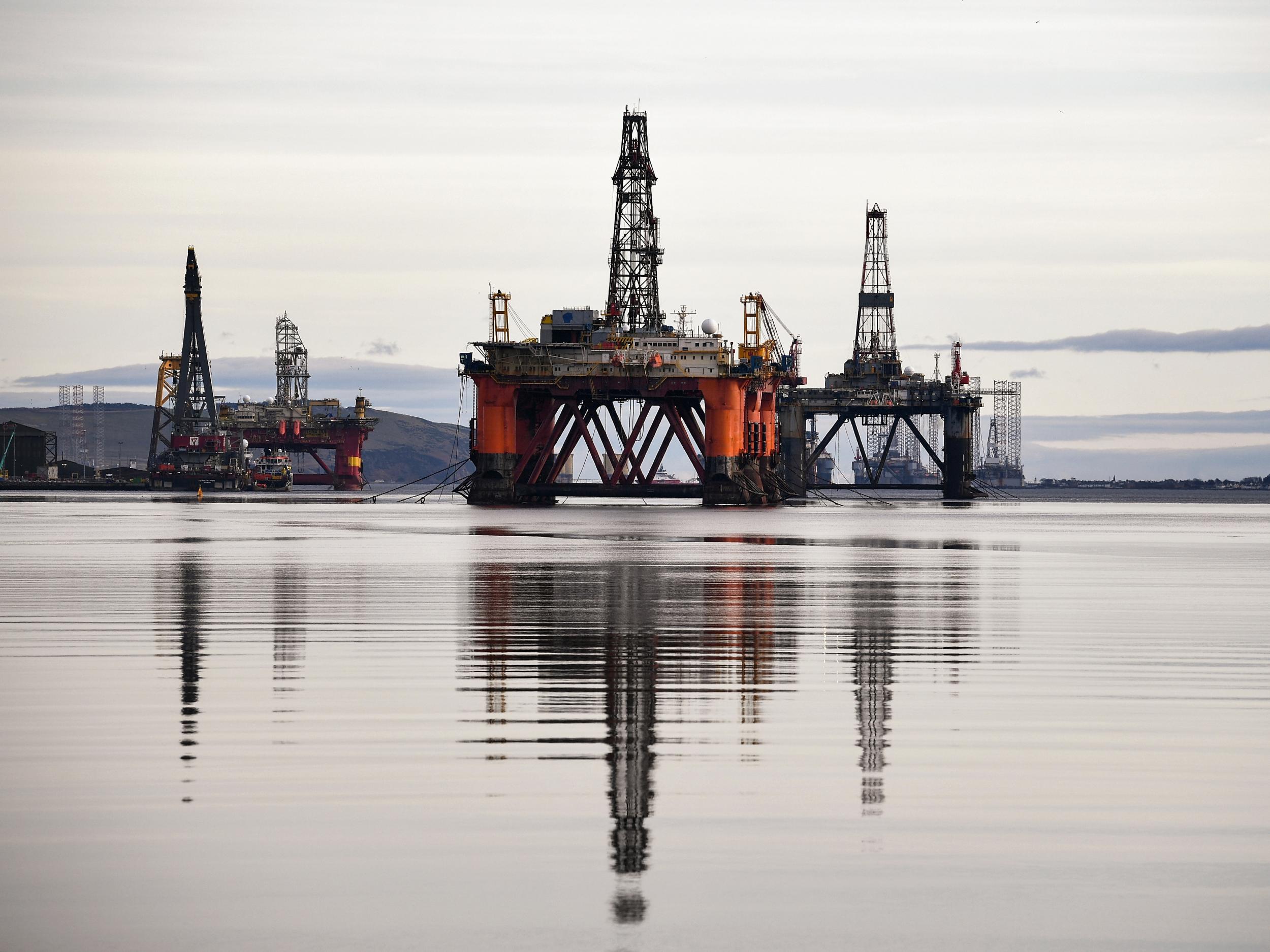 Oil rigs awaiting decommissioning in the Cromarty Firth off the coast of Scotland