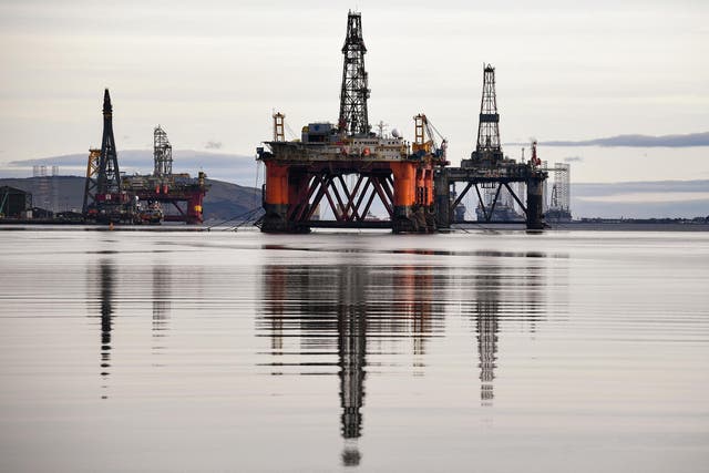 Oil rigs awaiting decommissioning in the Cromarty Firth off the coast of Scotland