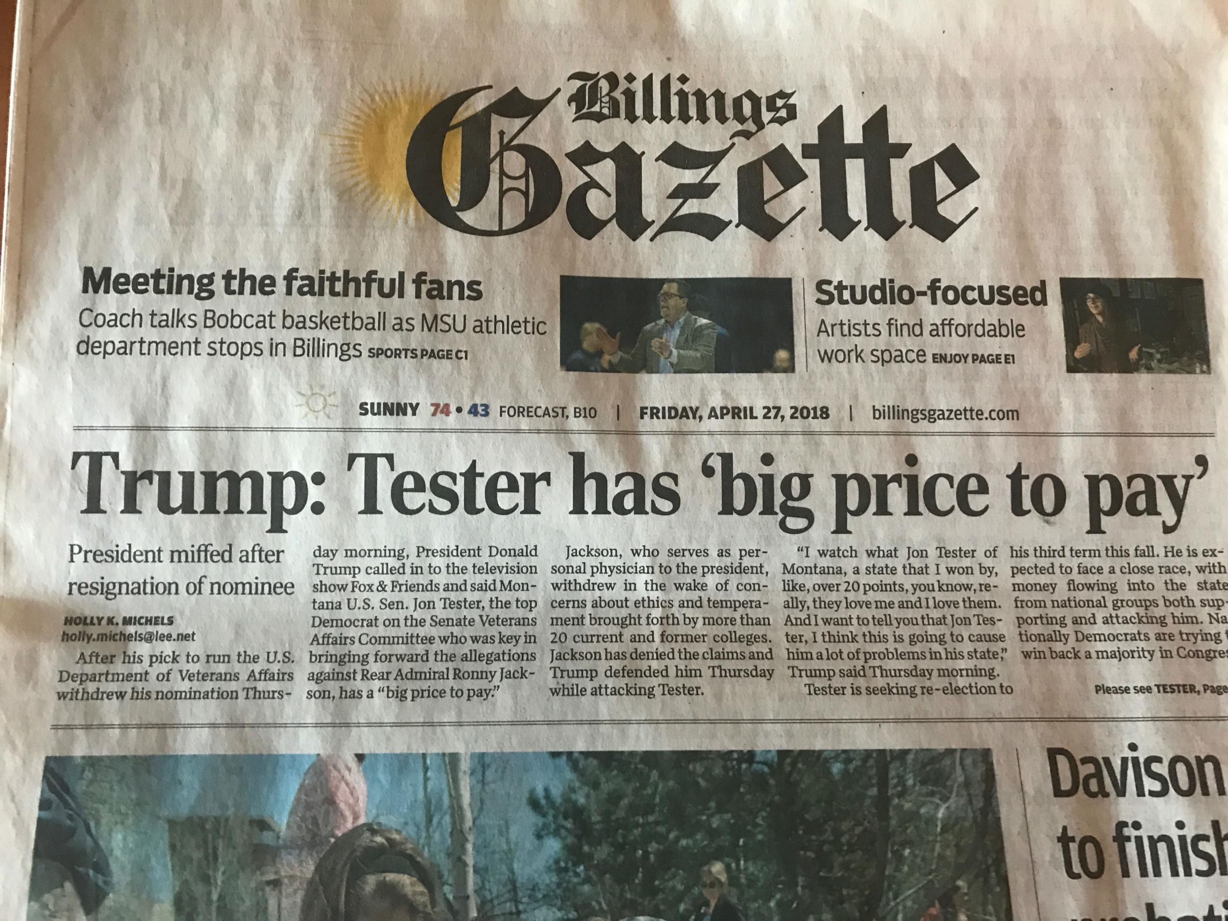 The Billings Gazette front page in Montana