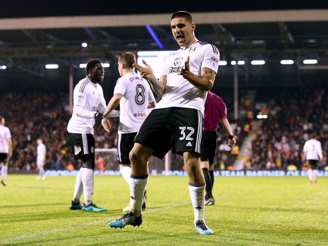 Fulham's Aleksandar Mitrovic celebrates scoring his side's second goal of the game during the Sky Bet Championship match at Craven Cottage