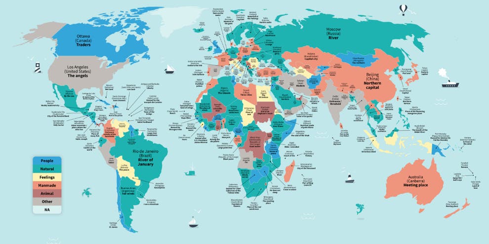 This map shows the literal translations of major city names around the