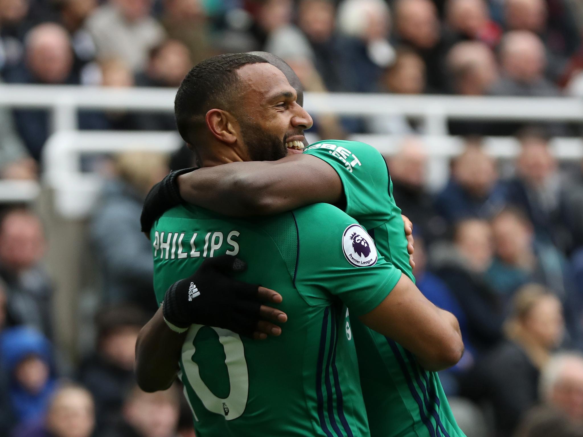 Matt Phillips celebrates after giving West Brom the lead against Newcastle
