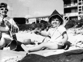 Lisa Morrow with her mother on an Australian beach in the Sixties