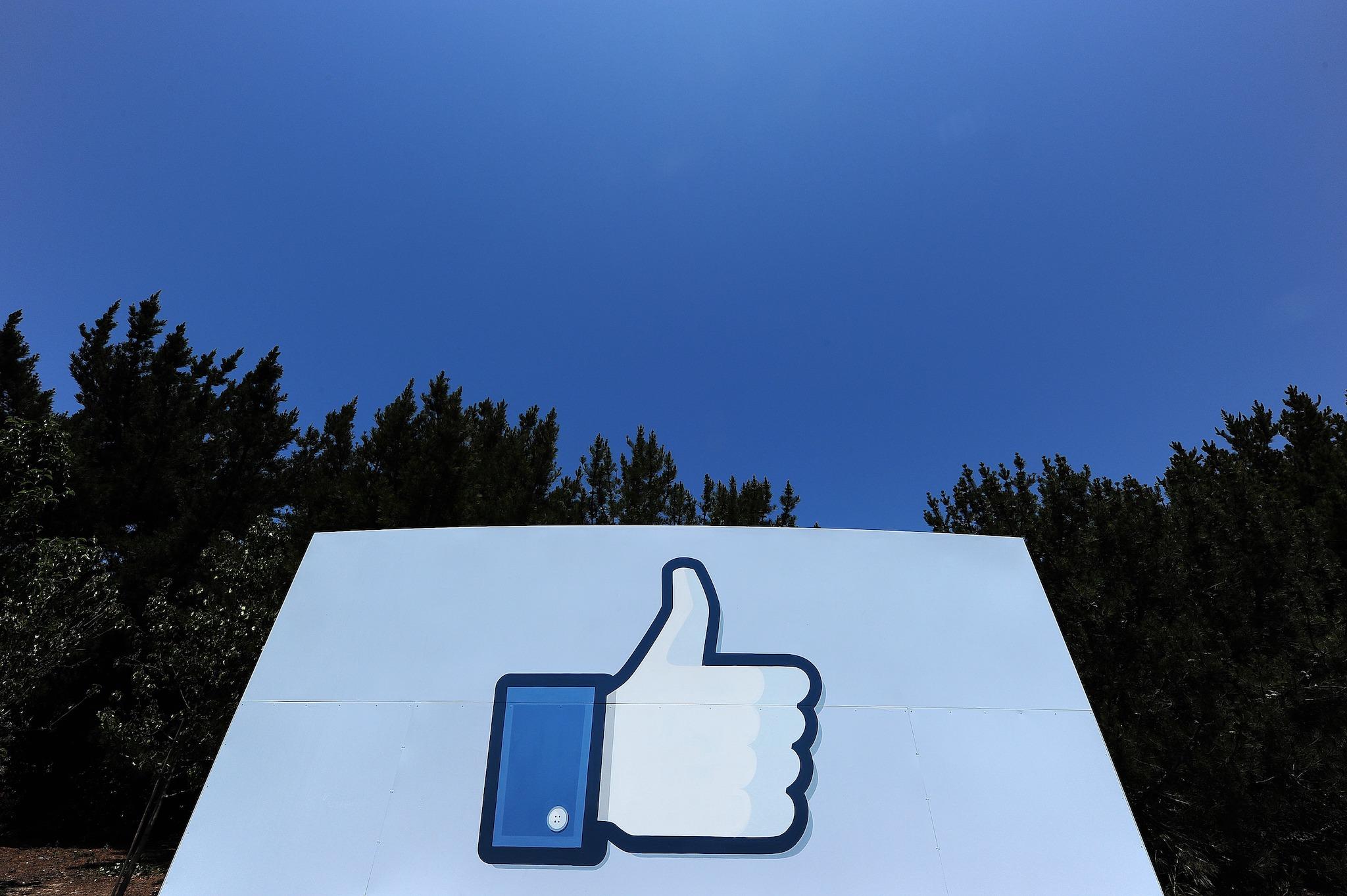 A thumbs up or "Like" icon at the Facebook main campus in Menlo Park, California, May 15, 2012