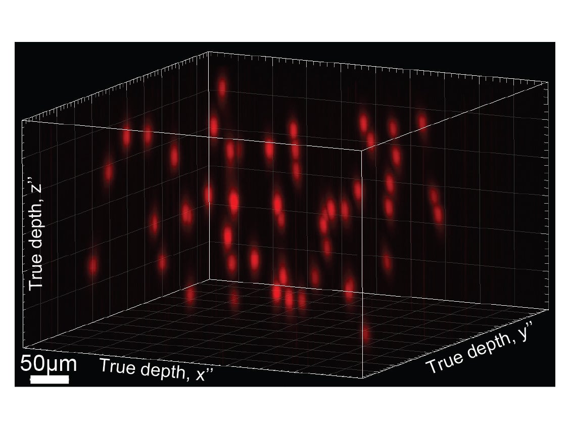 Image showing a sample hologram with 50 randomly distributed points indicating the location of different neurons in the brain being targeted