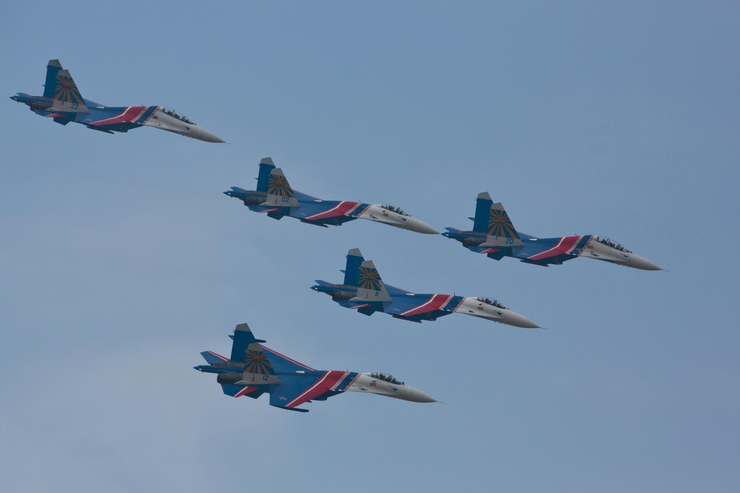Su-27 jets of the Russian Airforce 'Knigths' Aerobatic team performs air show