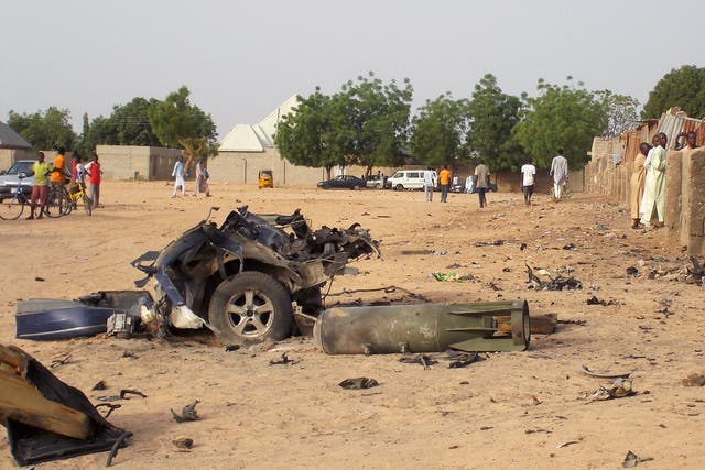 Damage at the site of an earlier attack by Boko Haram militants in the northeast city of Maiduguri, Nigeria, on 27 April