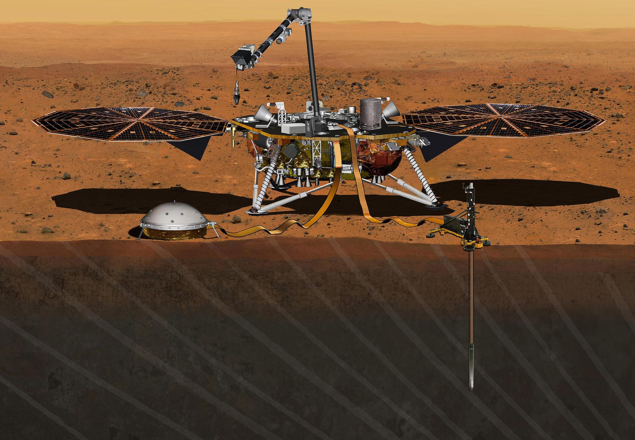 The NASA Martian lander InSight dedicated to investigating the deep interior of Mars has a dome-shaped seismometer attached [bottom left]