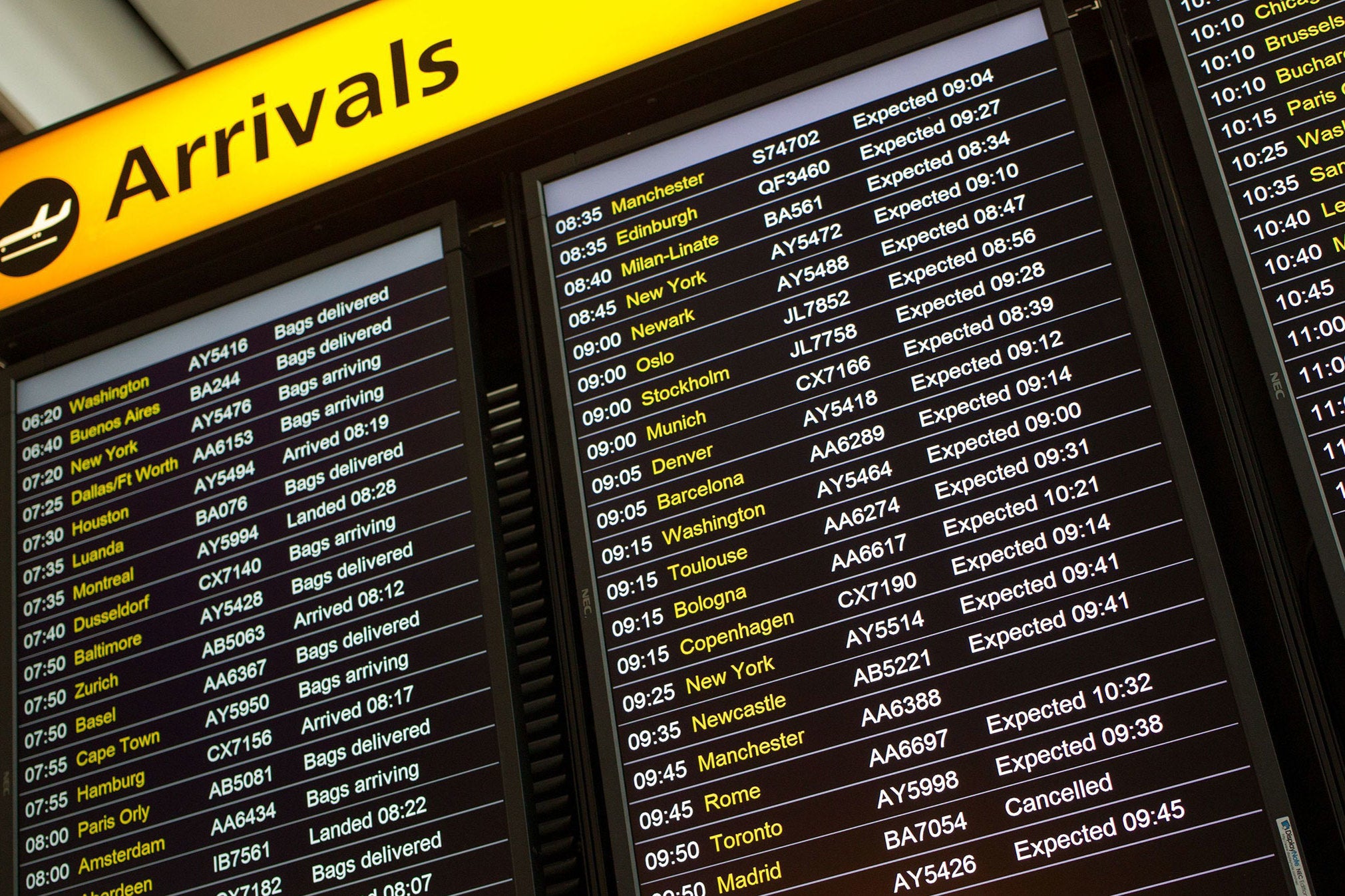 Flight arrivals board at Heathrow Airport