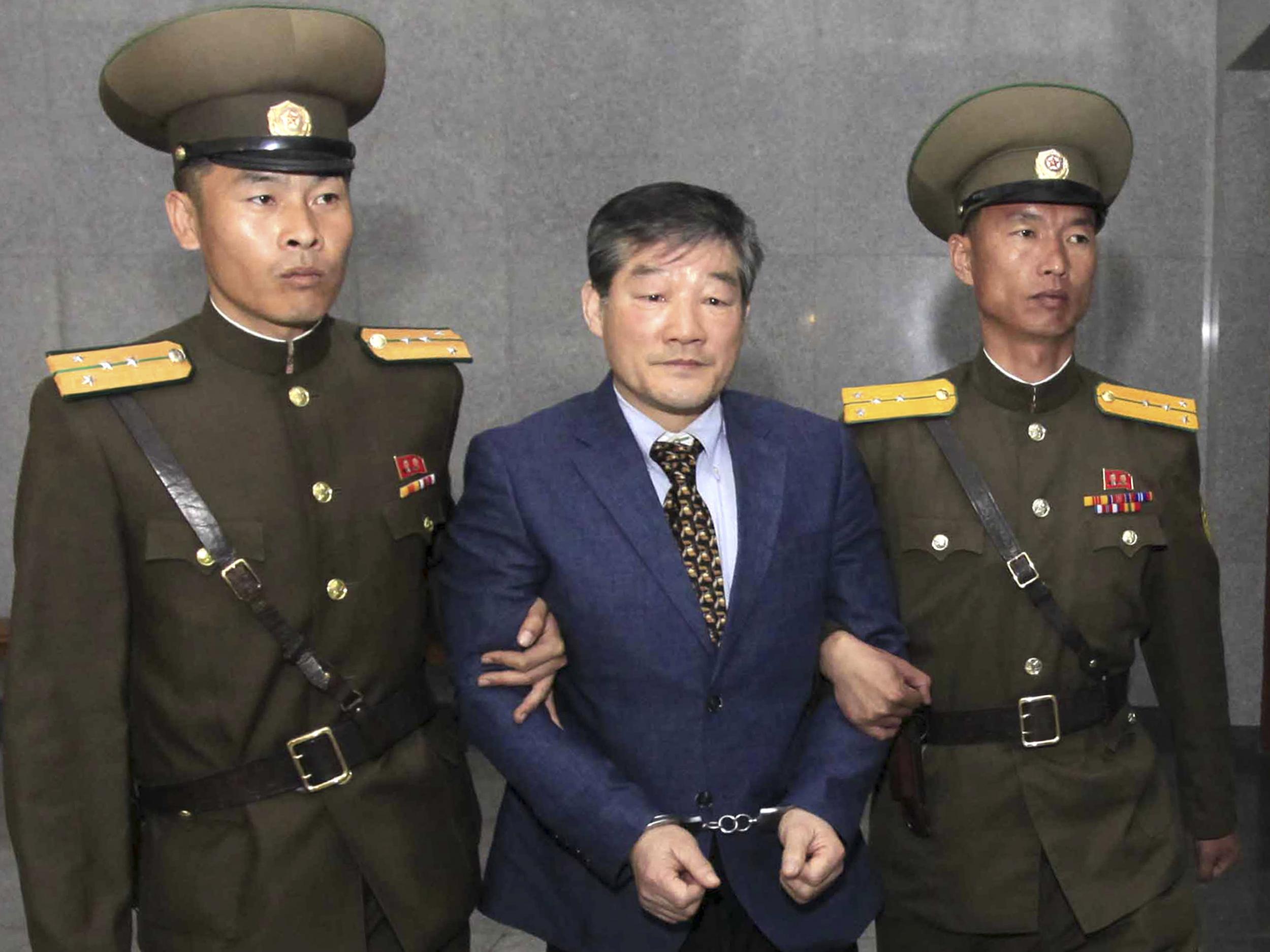 US citizen Kim Dong-chul was escorted to a trial in Pyongyang in April 2016