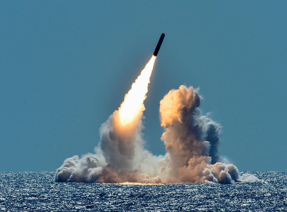 An unarmed Trident II D5 missile is test-launched from the Ohio-class U.S. Navy ballistic missile submarine USS Nebraska off the coast of California
