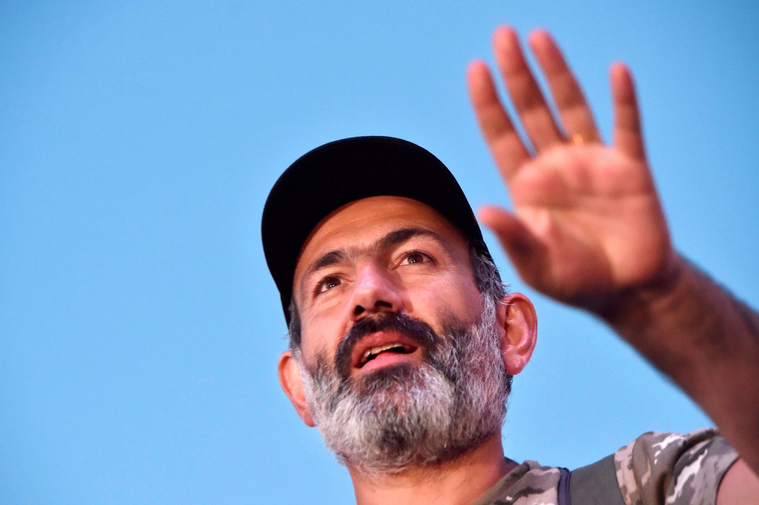 Armenian opposition leader Nikol Pashinyan attends a rally in Yerevan on 2 May