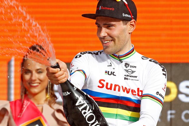 Tom Dumoulin celebrates his stage one victory in Jerusalem