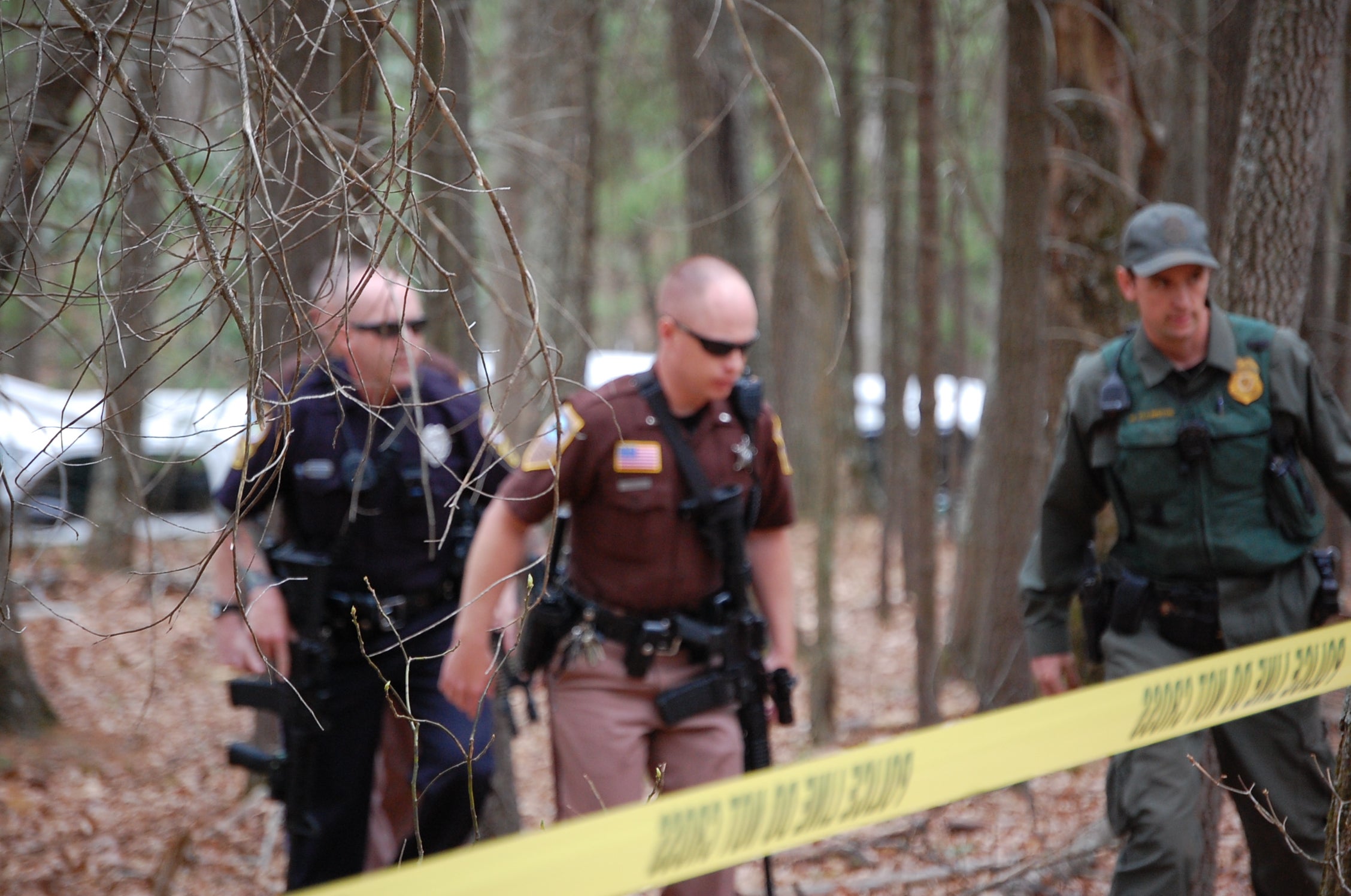 Law enforcement officers approach one of the camps around the tree sitters