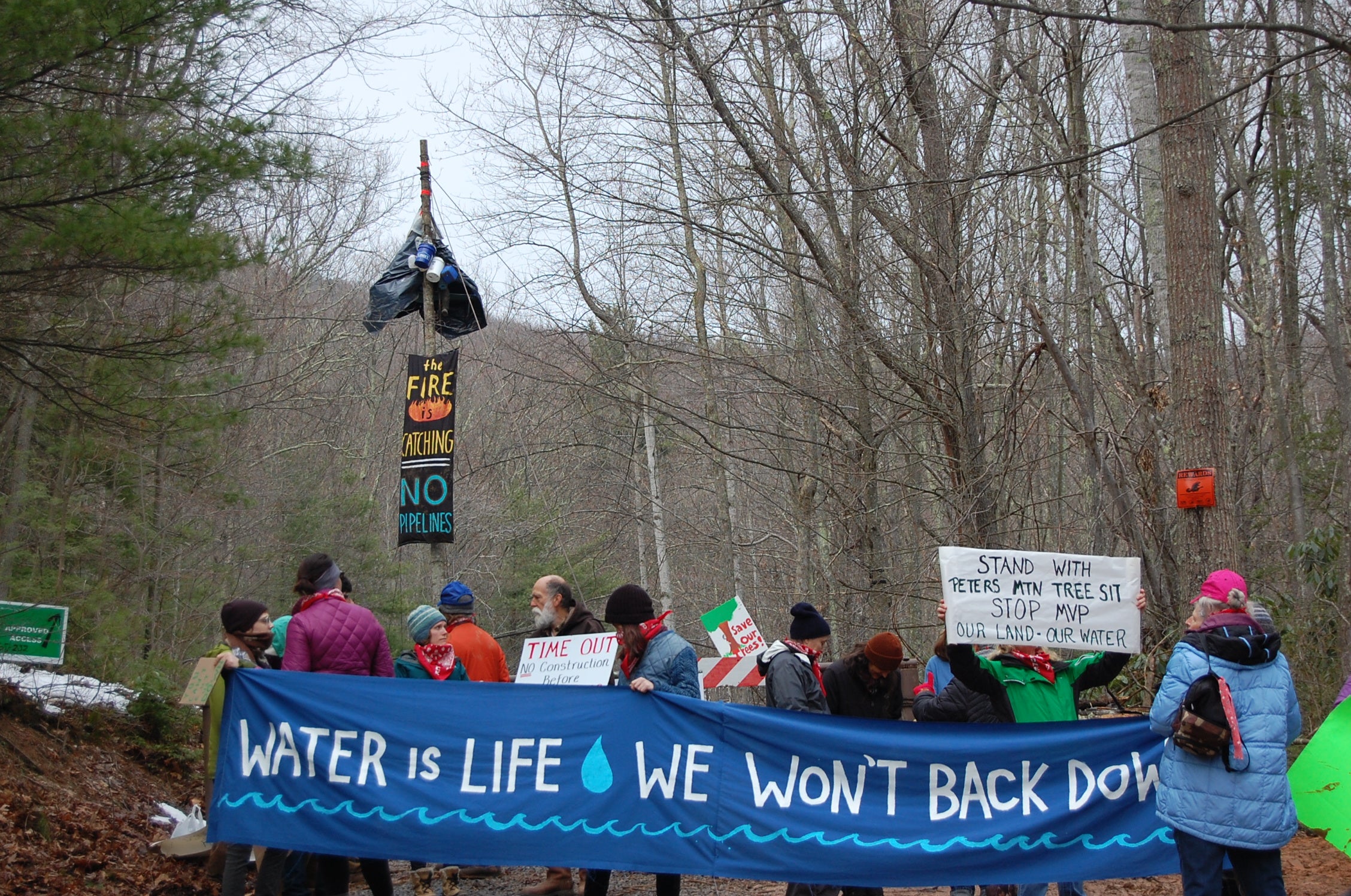Opponents of the Mountain Valley Pipeline protest near the proposed construction site