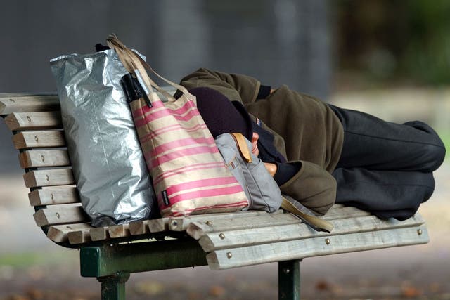 A homeless person sleeps on a park bench at Victoria Park, Auckland