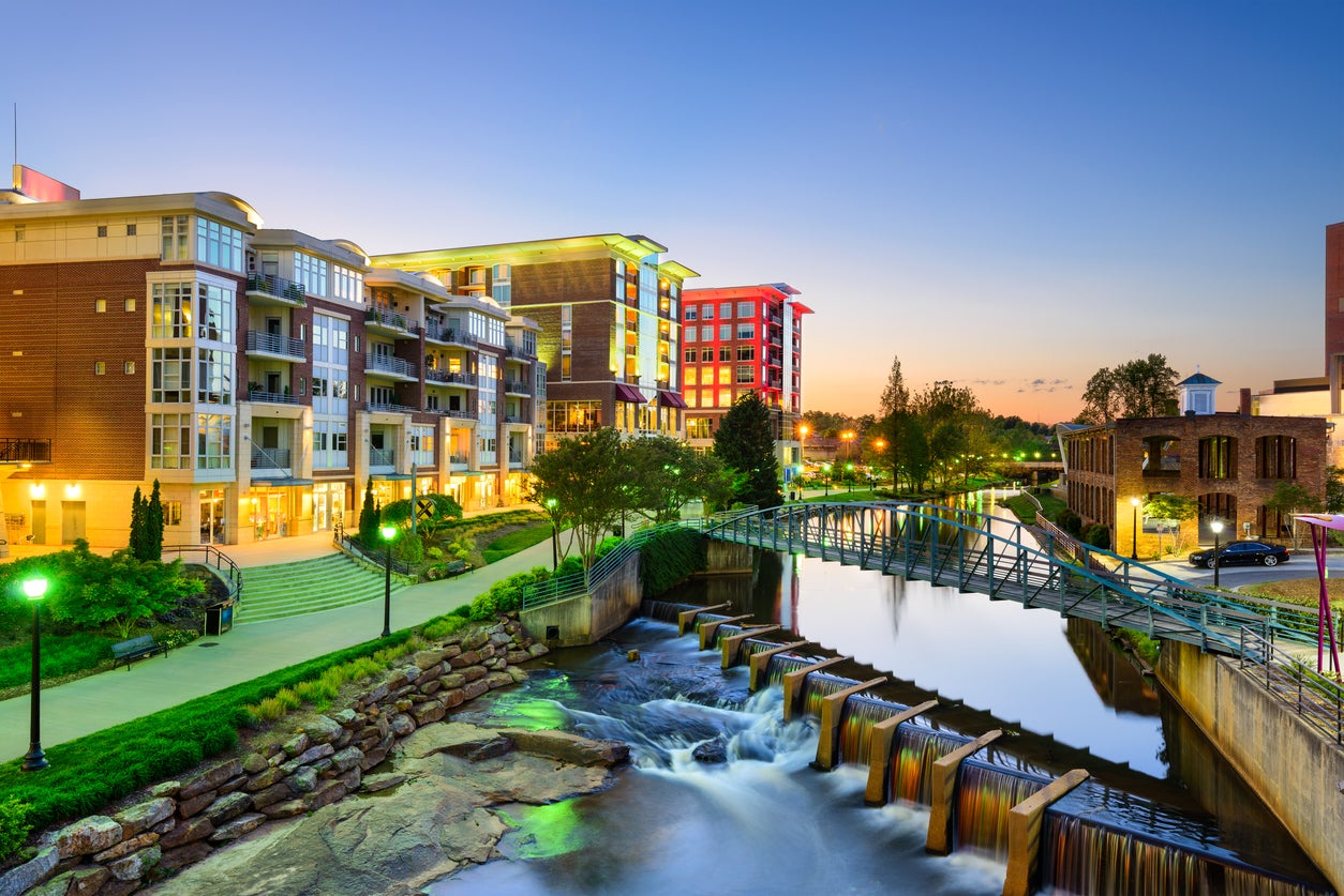 Greenville, South Carolina, USA downtown cityscape on the Reedy River.