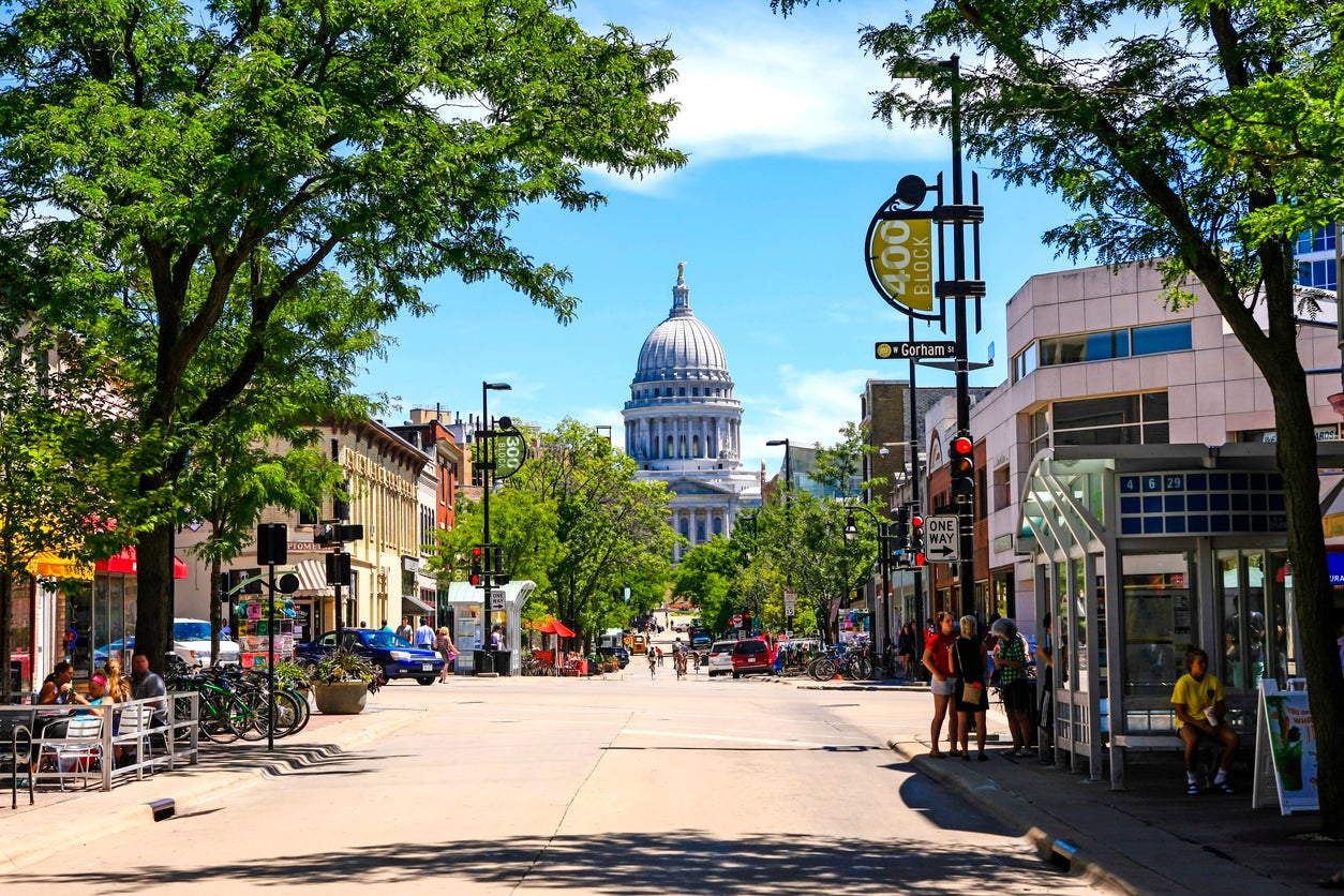 View of State street looking towards the State Capitol building in Madison Wisconsin