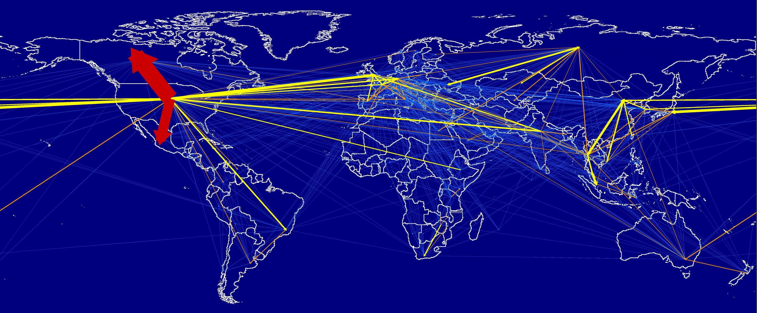 International travel was responsible for 23 per cent of the global carbon footprint of tourism in 2013, and this graphic shows the flow of carbon emissions from that source around the world. Arrows point in the opposite direction of the movement of people, and the colours red to blue represent the top to the bottom emission sources