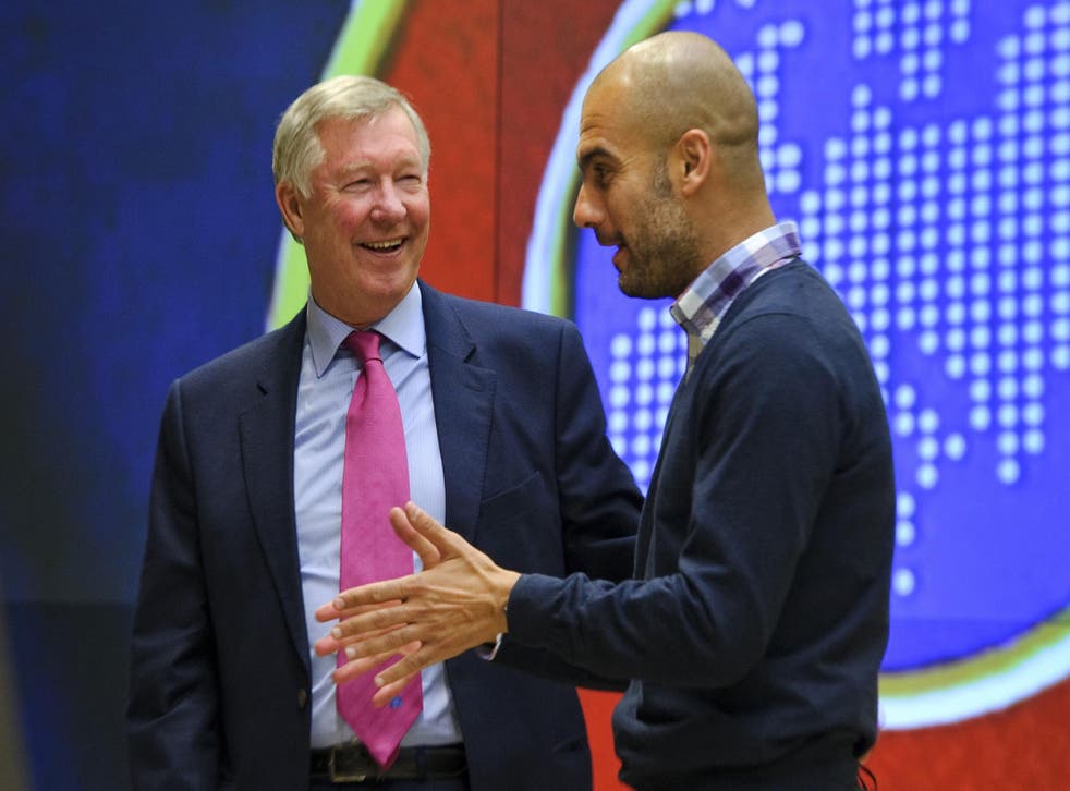 Sir Alex Ferguson and Pep Guardiola at a 2011 coaching conference