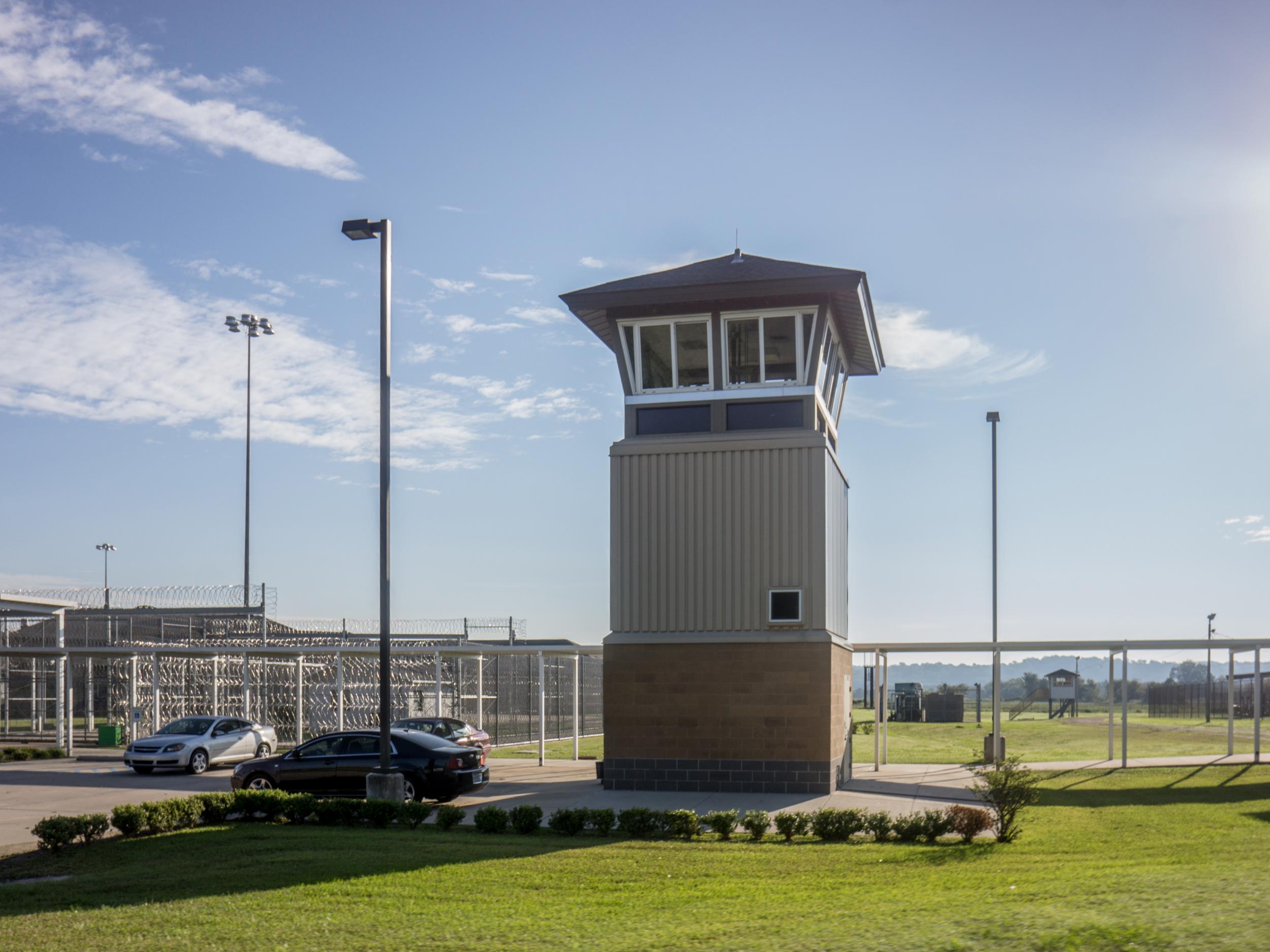 A prison guard tower at the entrance of the Death Row wing at The Louisiana State Penitentiary