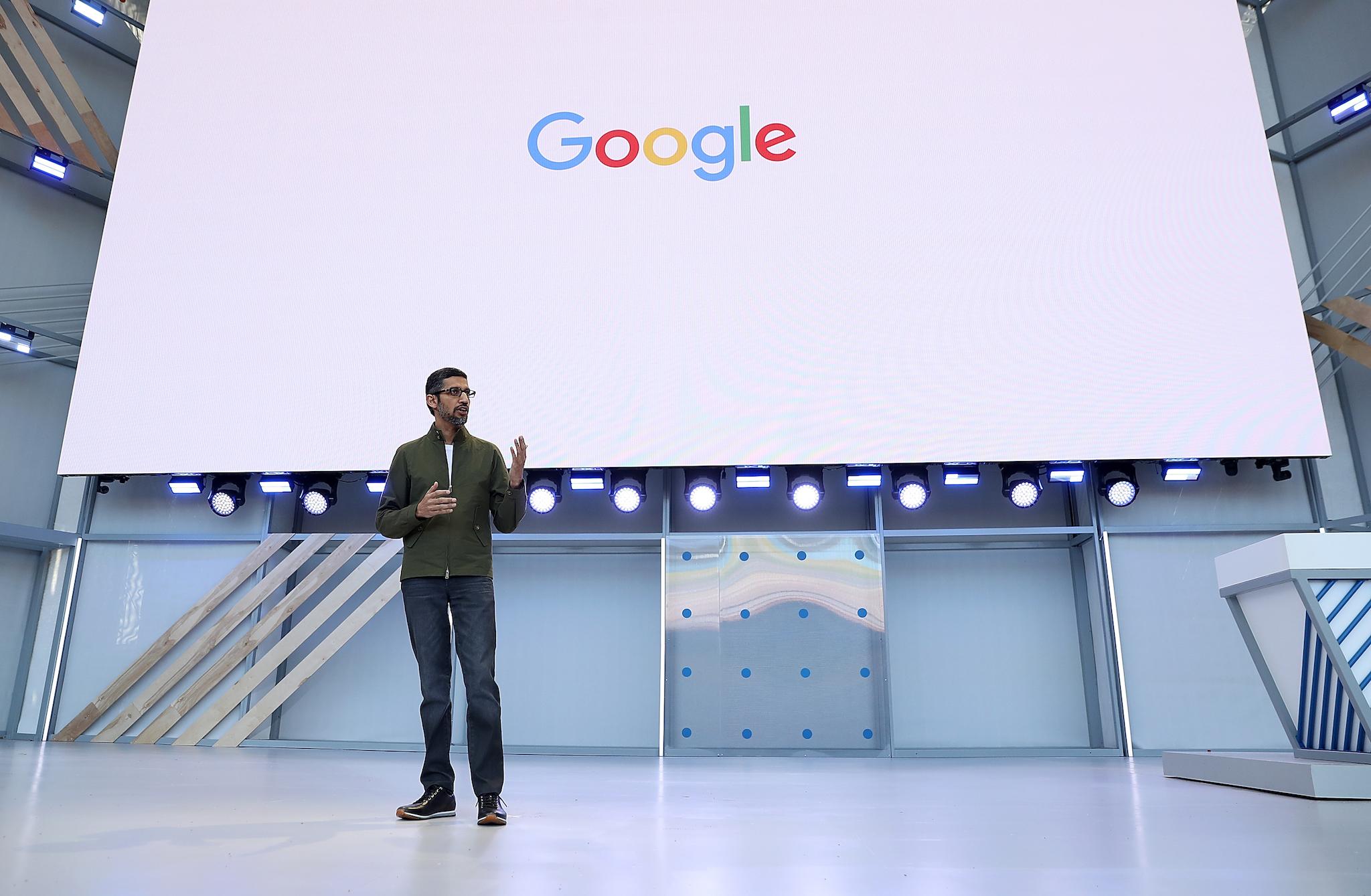 Google CEO Sundar Pichai delivers the keynote address at the Google I/O 2018 Conference at Shoreline Amphitheater on May 8, 2018 in Mountain View, California