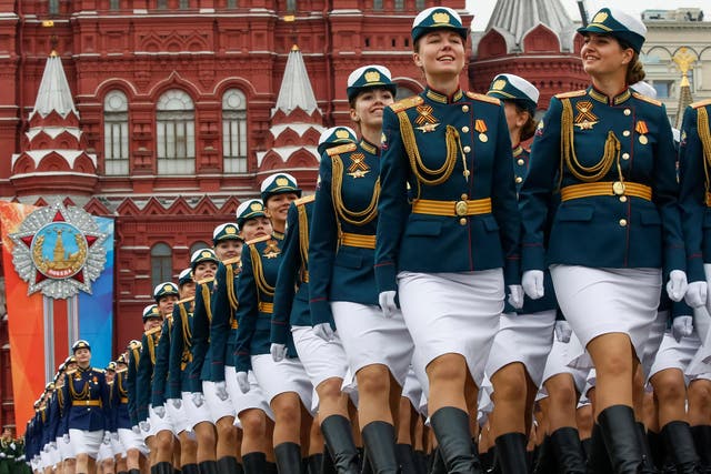 Russian service women march during a rehearsal for the Victory Day parade at Red Square in Moscow