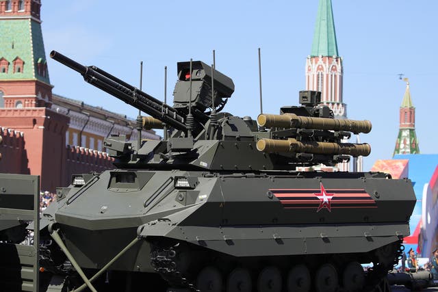 The Uran-9 military remote-controlled tank in Moscow's Red Square during a dress rehearsal of the upcoming military parade marking the 73rd anniversary of the victory in the Great Patriotic War, the Eastern Front of World War II