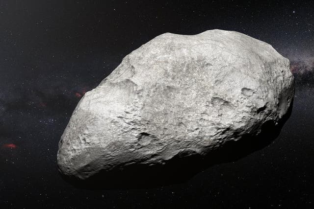 This artist’s impression shows the exiled asteroid 2004 EW95, the first carbon-rich asteroid confirmed to exist in the Kuiper Belt and a relic of the primordial solar system