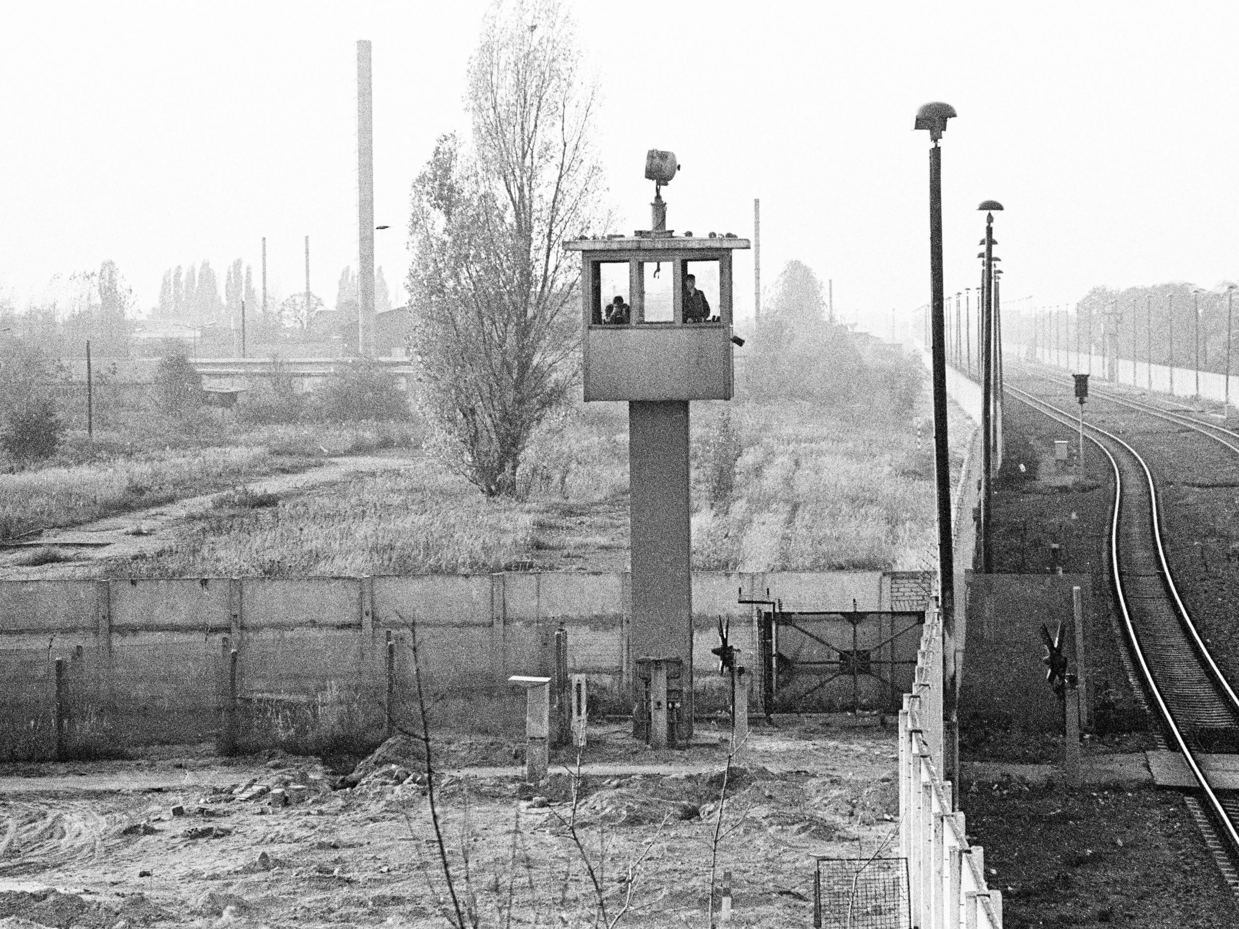 The Berlin Wall and watch tower at Staaken during the Cold War