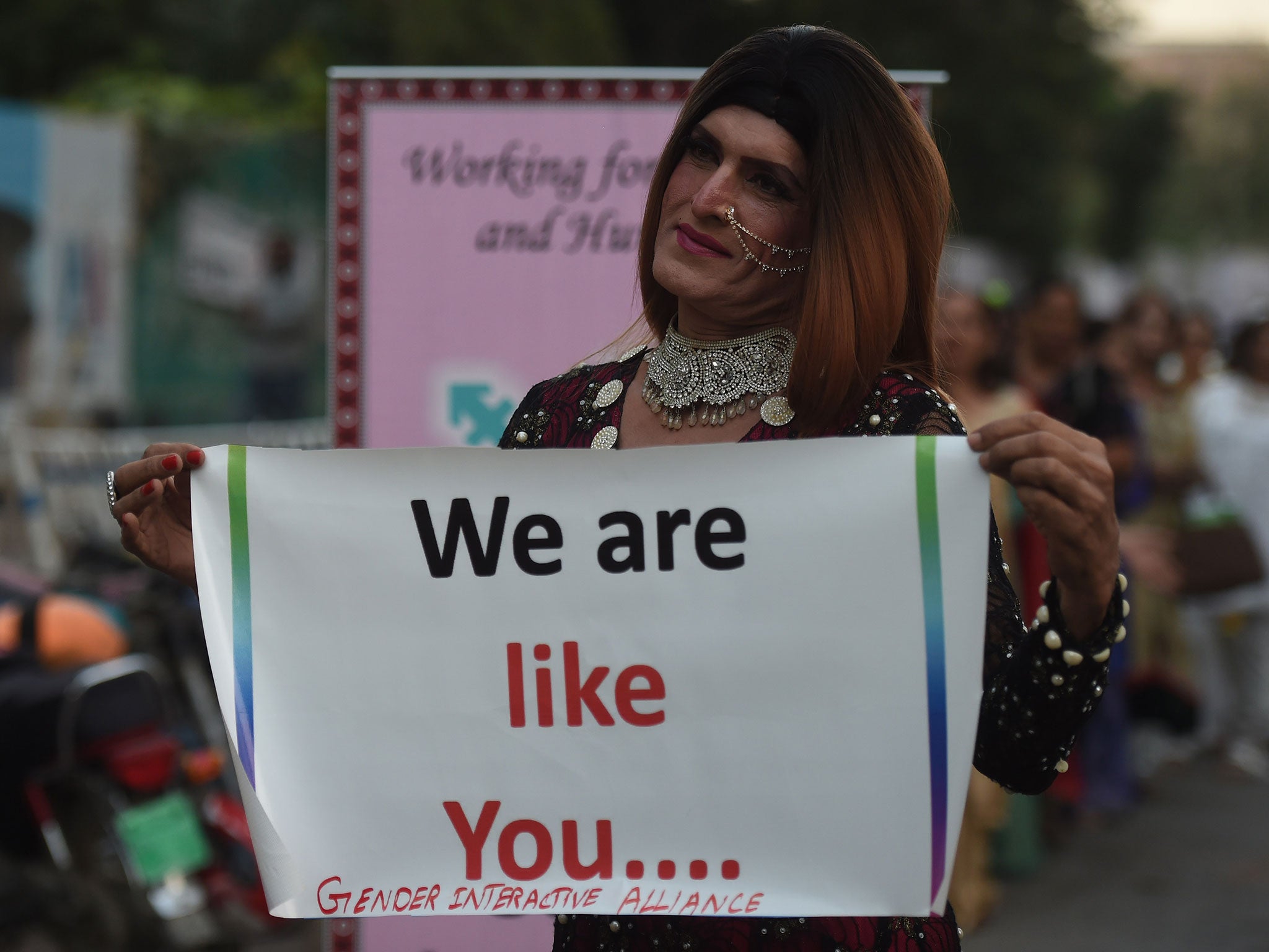 A Pakistani transgender activist takes part in a demonstration to mark World Transgender Day in Karachi