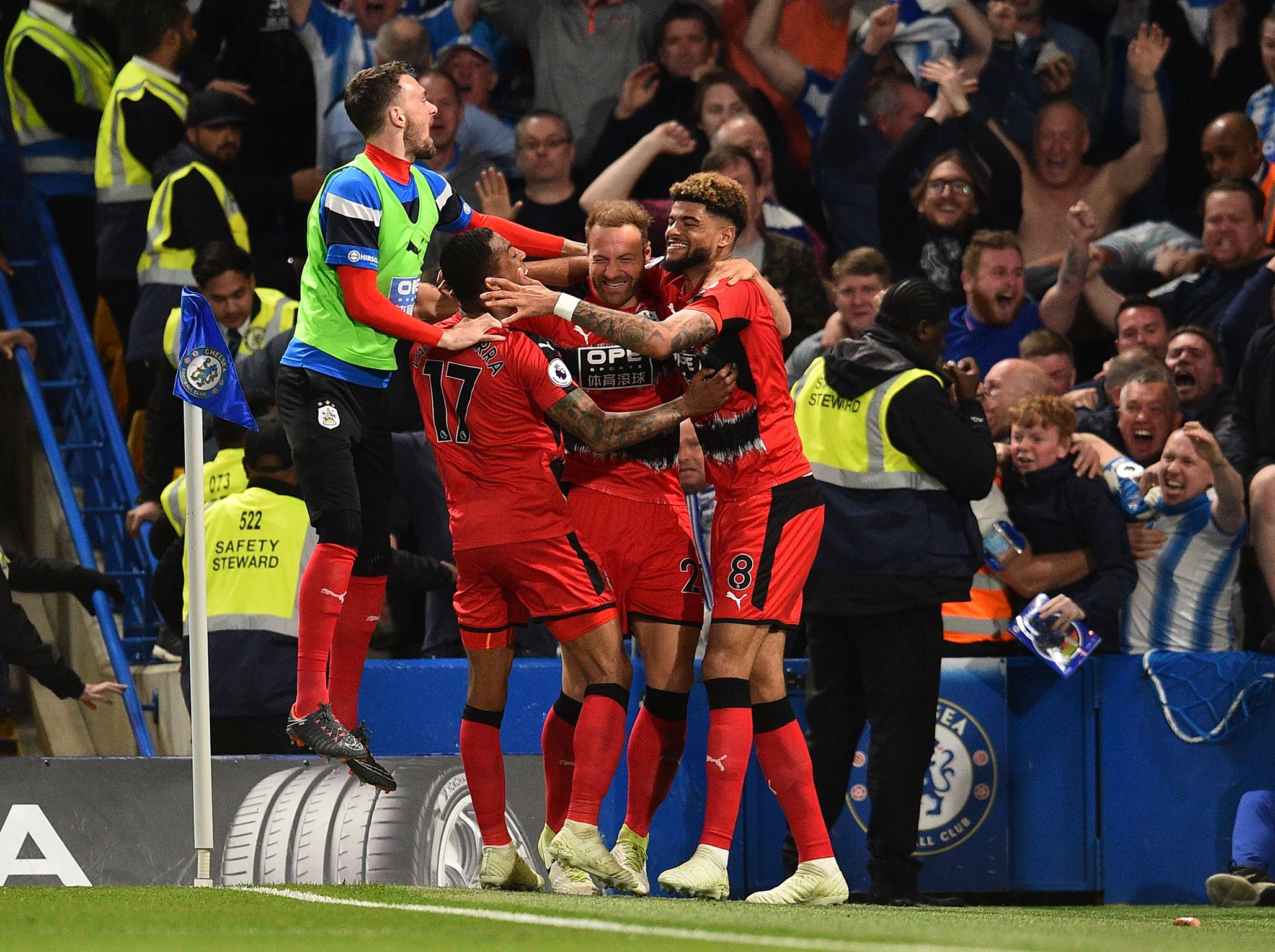 Huddersfield celebrate Laurent Depoitre’s crucial goal