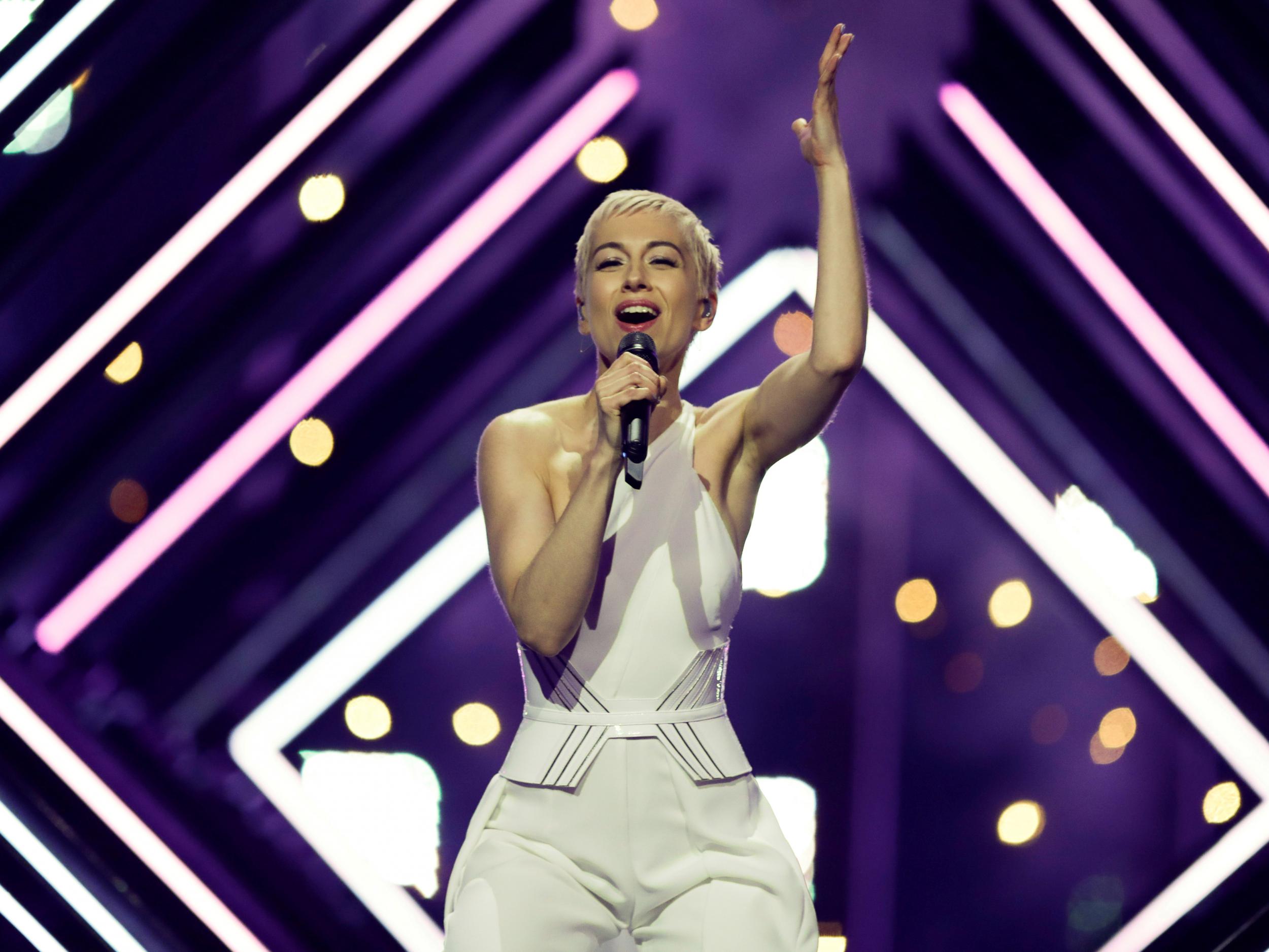 The UK's SuRie performs "Storm" during a dress rehearsal for Eurovision Song Contest 2018 at the Altice Arena in Lisbon, Portugal
