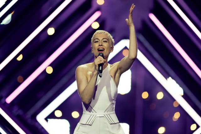 The UK's SuRie performs "Storm" during a dress rehearsal for Eurovision Song Contest 2018 at the Altice Arena in Lisbon, Portugal