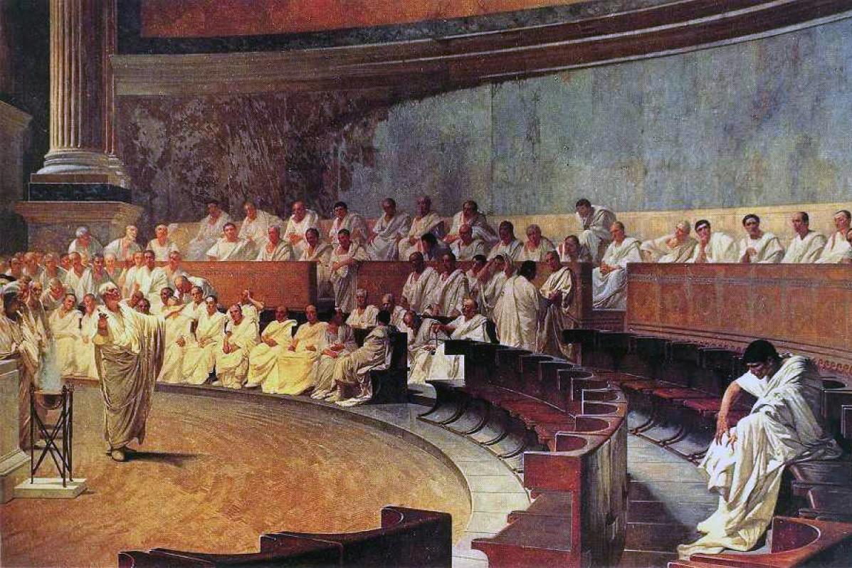 Cicero attacks Catilina at the Roman Senate, from a 19th-century fresco