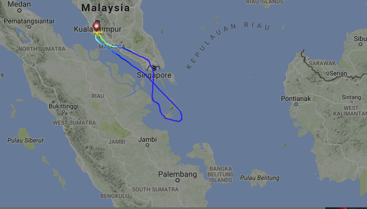 Round trip: flightpath of Air Asia AK346 from Kuala Lumpur to Yogyakarta, which returned to base because of the volcanic eruption in Indonesia
