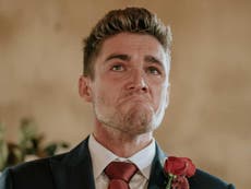 Groom overcome with emotion seeing bride walk down aisle