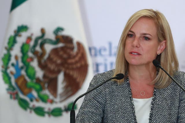 Homeland Security Secretary Kirstjen Nielsen looks on during a press conference at the Mexican Government Office