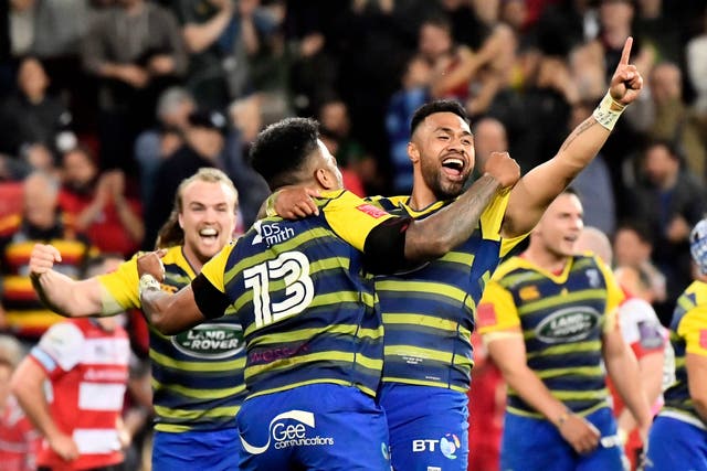 Cardiff Blues celebrates winning the European Challenge Cup final after beating Gloucester 31-30