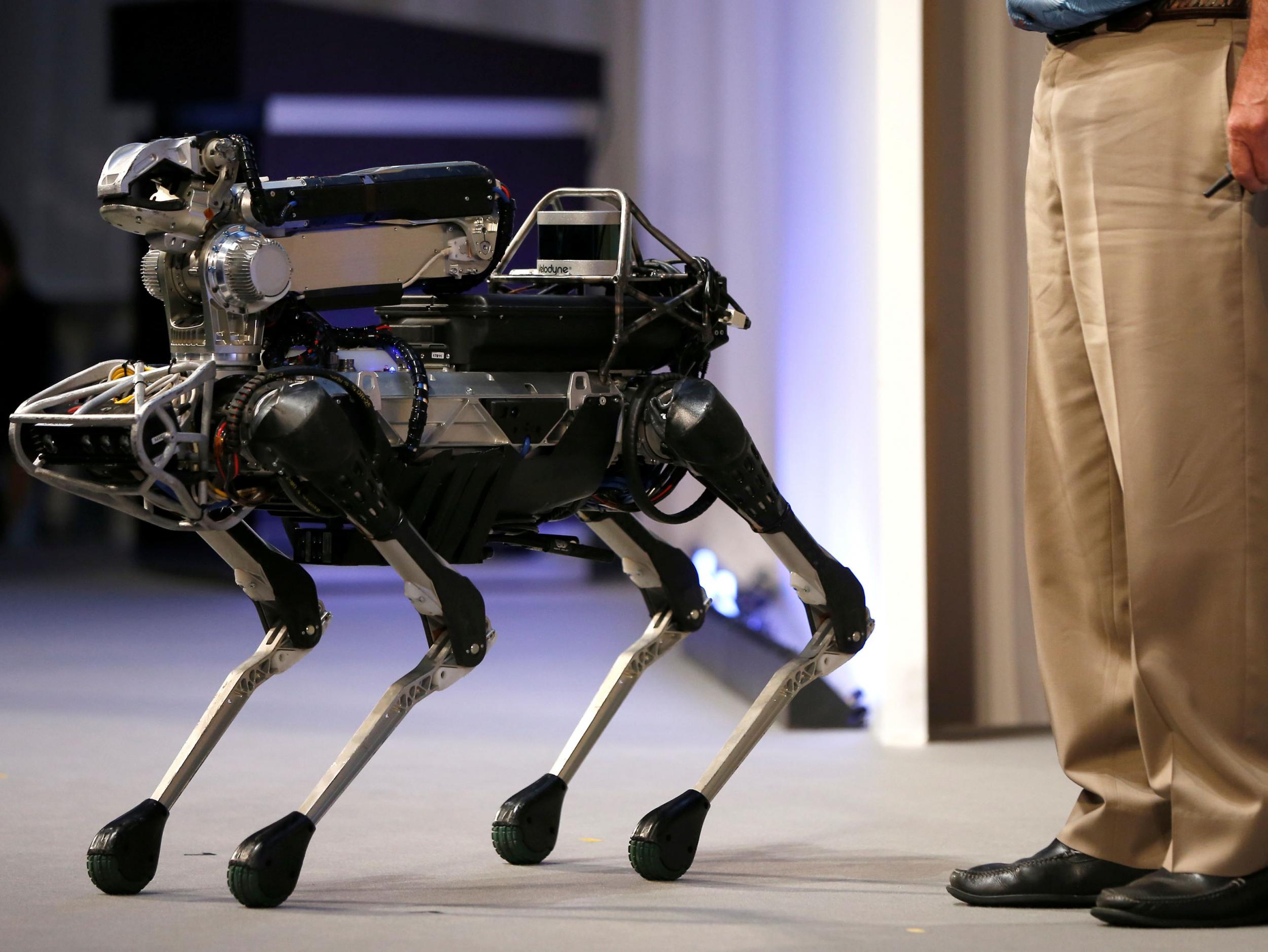 Boston Dynamics CEO and Founder Marc Raibert (R) demonstrates his company's SpotMini robot last year. REUTERS/Issei Kato