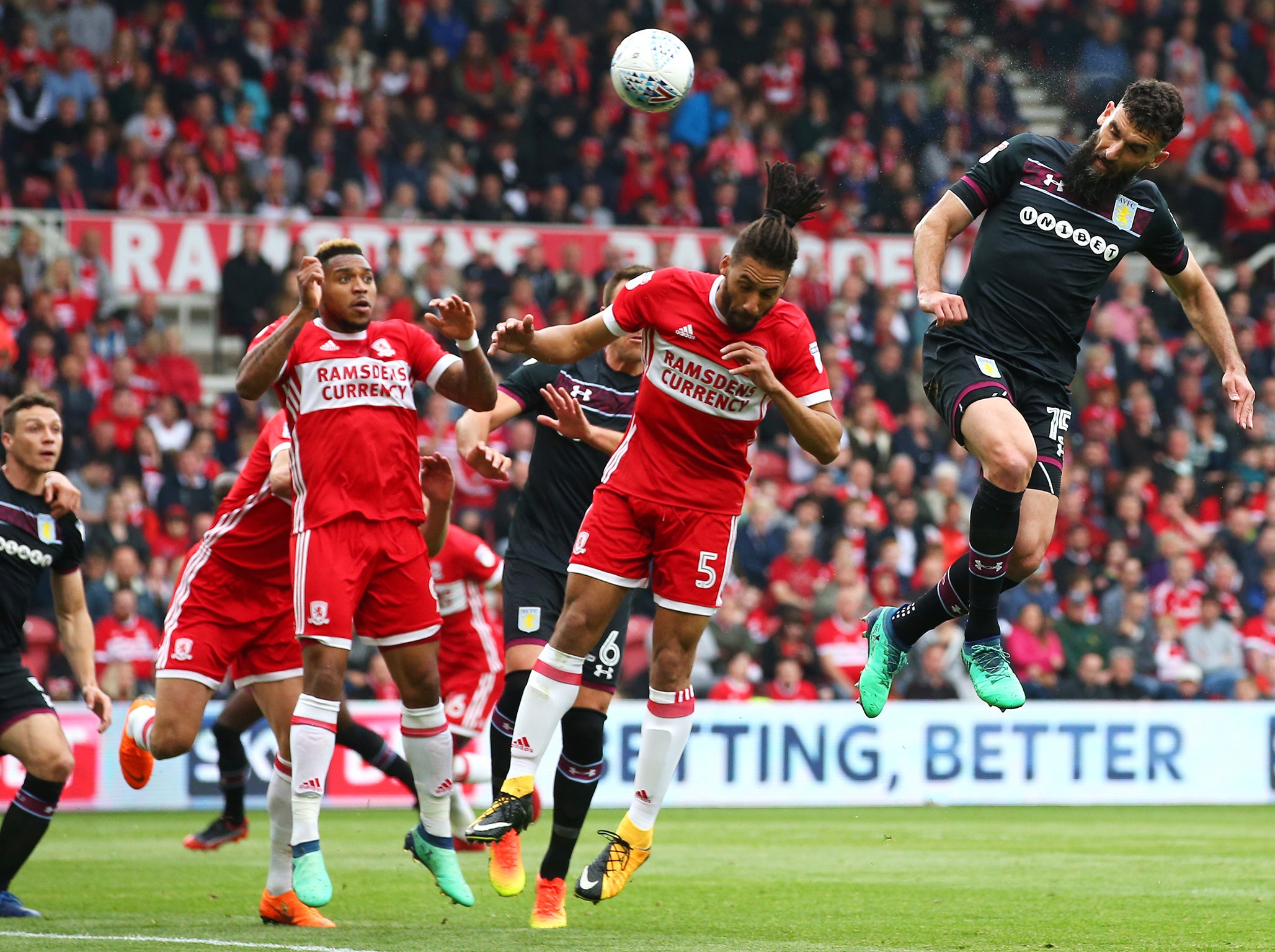 Mile Jedinak&apos;s header gives Aston Villa narrow lead over Middlesbrough in Championship play-off semi-final