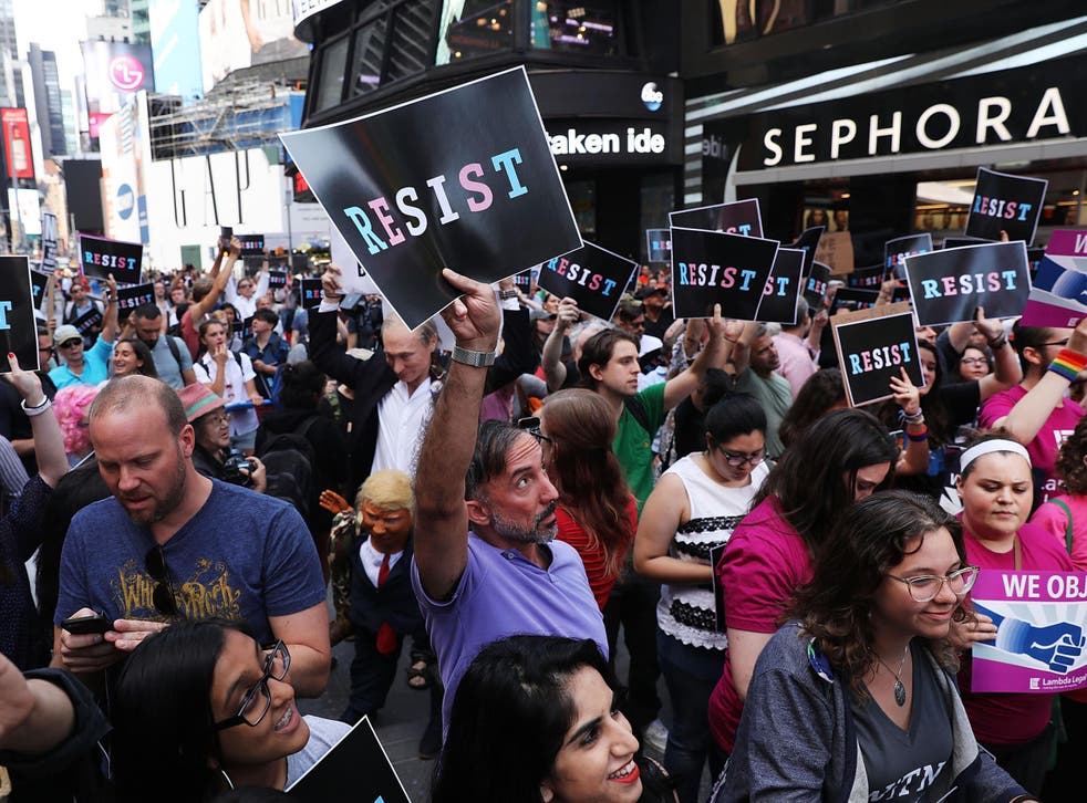 Protesters in New York last year demonstrating at President Trump's decision to reinstate a ban on transgender people serving in the military